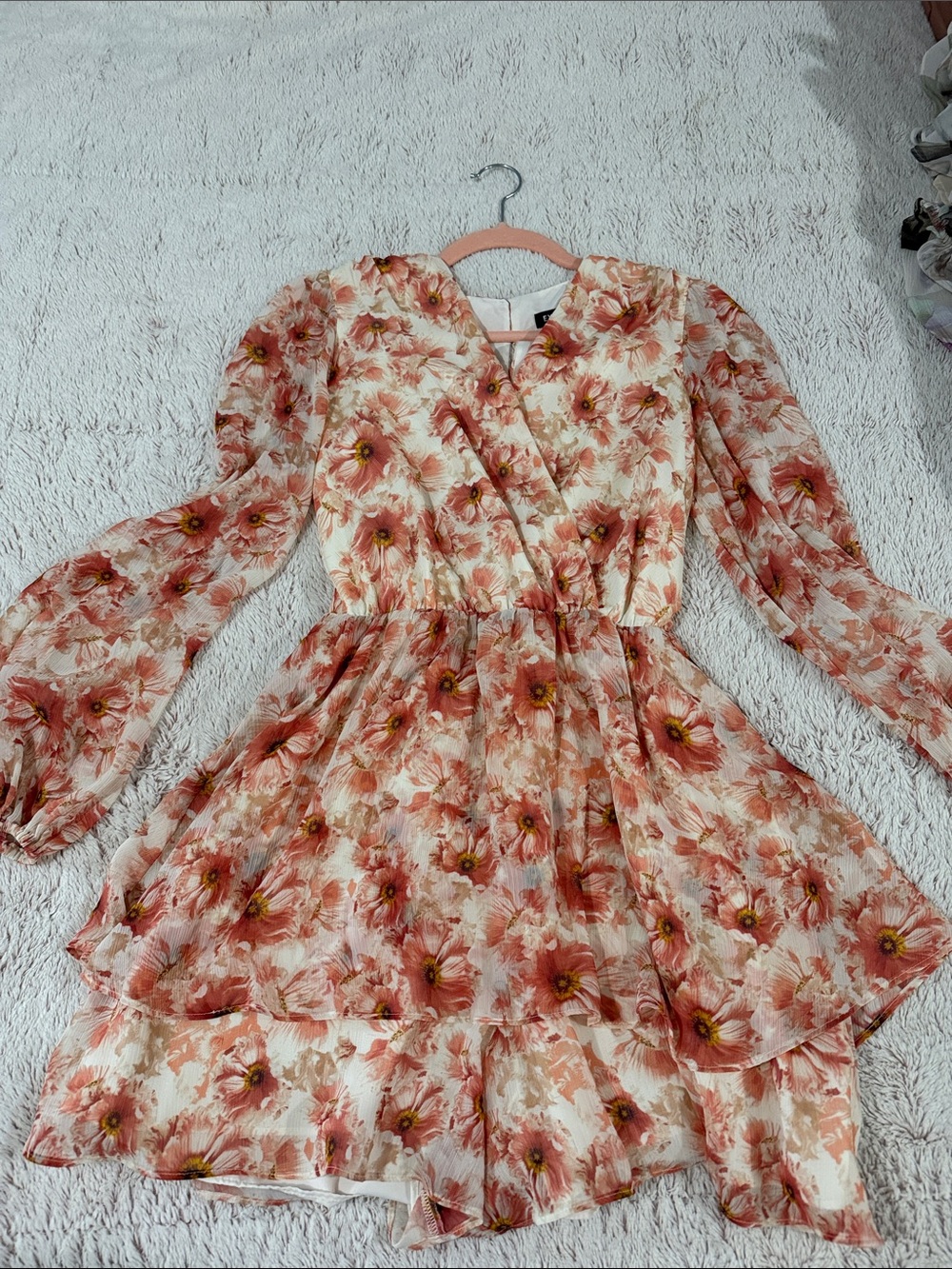 Express Peach Floral Long Sleeve Wrap Dress